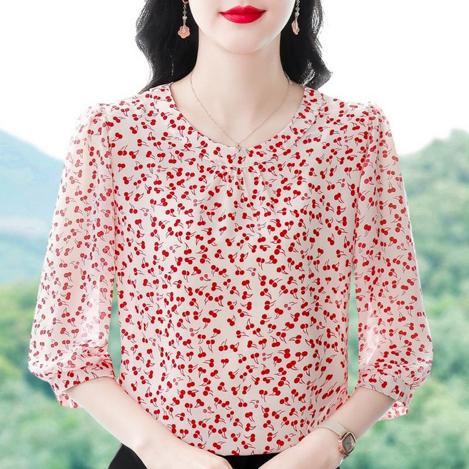 Choyur여성 봄여름 쉬폰 프린트 라운드넥 7부소매 블라우스