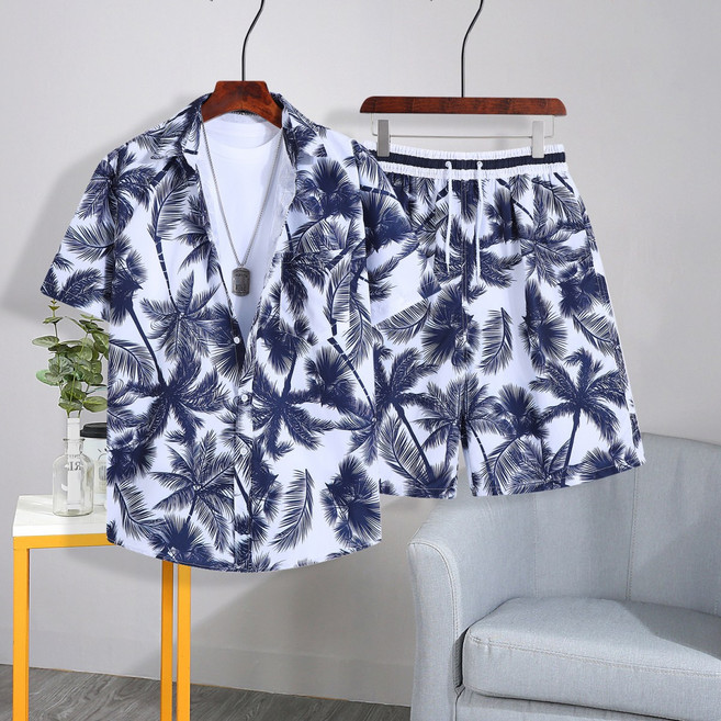 FANSYLI 남성용 여름 루즈핏 비치 반팔셔츠 반바지 세트 바캉스룩 휴양지룩 캐주얼 반팔 상하의세트X2505M14