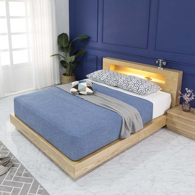 [에보니아] 토스카 퀸조명침대Q_헤링본 본넬매트 23T 포함/조명포함, 내추럴