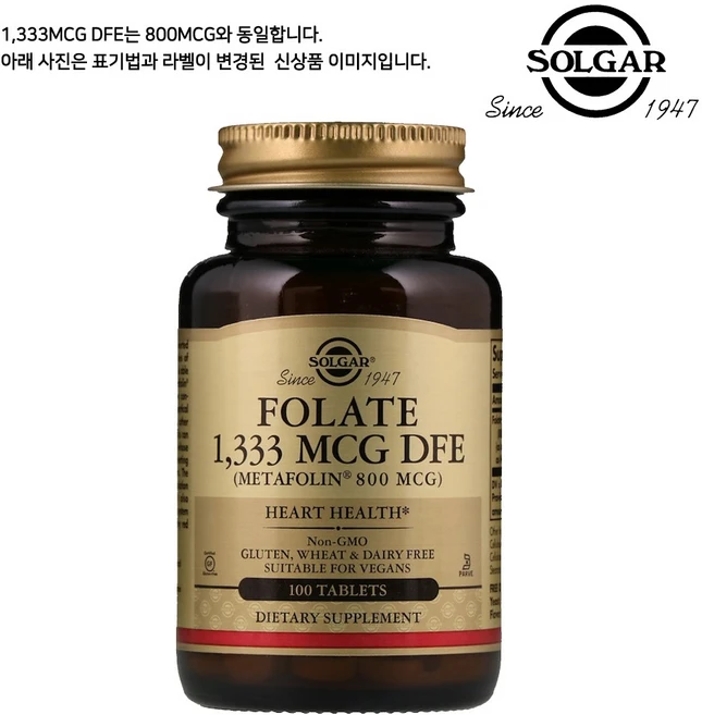 SOLGAR 솔가 메타포린 천연 엽산 800mcg 100정, 1개 - 쿠팡