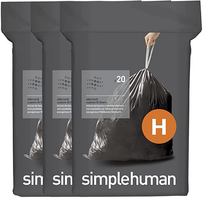 136902 Simplehuman Code H 60개 정품 Odorsorb 맞춤형 핏 라이너 디스펜서 팩의 드로스트링 냄새 흡수 쓰레기 봉투 30-35리터 / 8-9갤런, 코드 H, 블랙 - Odorsorb