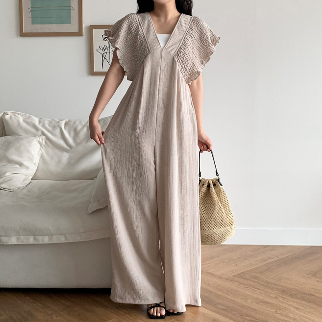 더한땀 여성 썸머 날개 반팔 스판 와이드 점프슈트