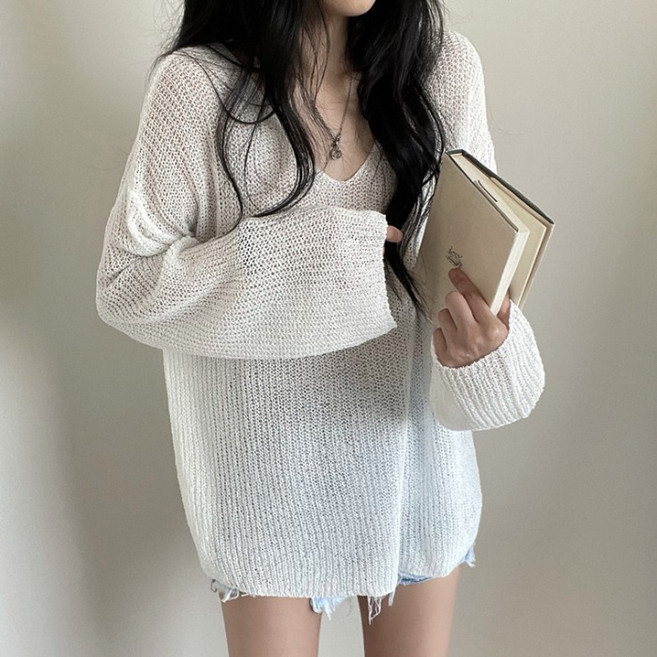 예쁨시전 봄 썸머 브이넥 시스루 루즈핏 긴팔 니트