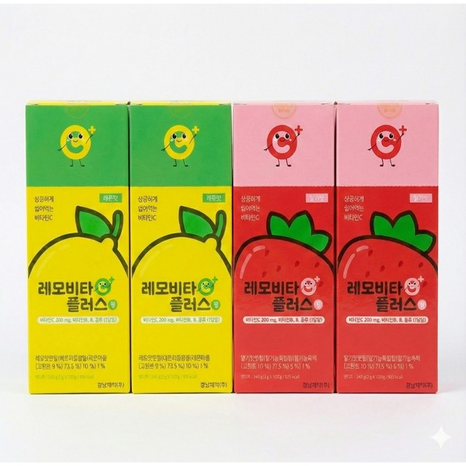 경남제약 레모비타플러스정 레몬맛 딸기맛 세트 새콤달콤 켄디형 간편 비타민C, 4개, 120정