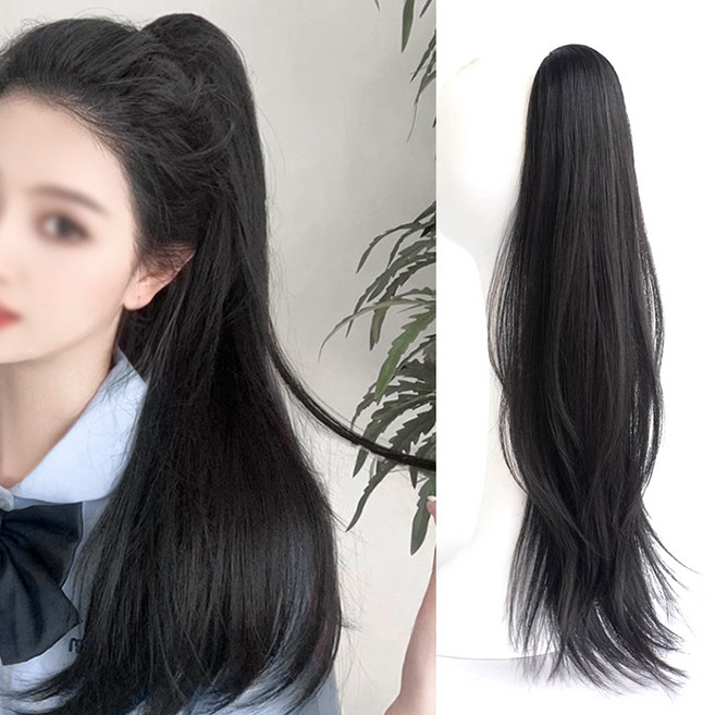 백송 데일리 무드 생머리 포니 가발 모자 포니테일 부분가발 묶음머리 간편착용 롱헤어가발 내추럴룩, 1개, 쿨블랙
