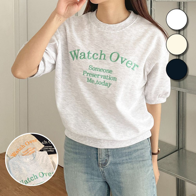 핏몬 라운드넥 자수 레터링 퍼프 반팔 맨투맨 티셔츠 55~77