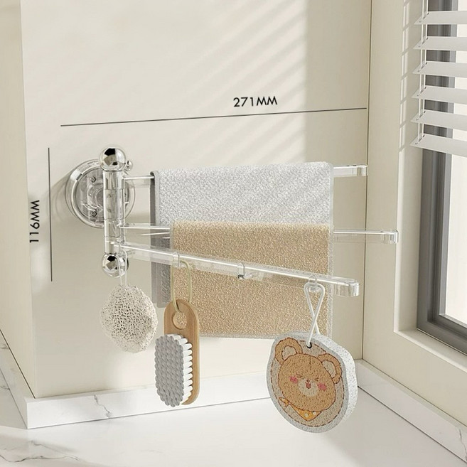 SMILE MORLI 무타공 진공흡착 접이식 회전형 주방 욕실 멀티 다용도 거치대 키친 타올 행주걸이 건조대, 1개, 투명