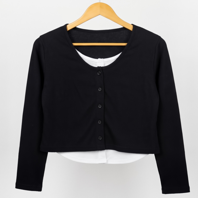 [한정수량]배색 레이어드 슬림핏 골지 크롭 가디건