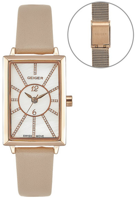 가이거[GEIGER] [백화점 AS] 가이거 여성 스퀘어시계 가죽 메탈밴드 세트 GE 8036 WTBK