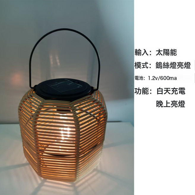 戶外太陽能庭院燈藤條竹編燈籠復古掛燈陽臺裝飾氛圍小夜燈, 圓形燈泡款:一個