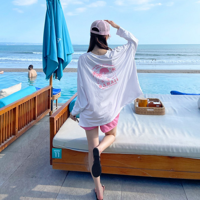 [르비치] 55-100사이즈 비치하와이 오버핏 래쉬가드 수영복커버업 자외선차단 루즈핏 가오리 래시가드 빅사이즈수영복 휴양지, 아이보리