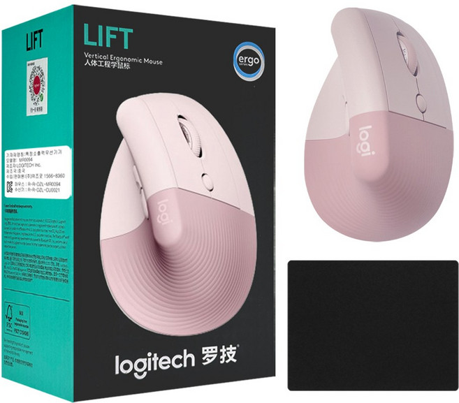 로지텍 LIFT 리프트 버티컬 인체공학 무선 마우스 병행 정품박스 + 스토리링크 마우스패드, 로즈 핑크, LIFT 버티컬 마우스+스링 마우스패드