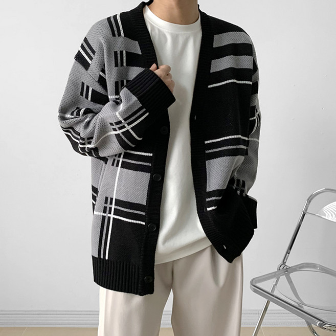 오마보이 남자 마드라스 체크 루즈핏 가디건