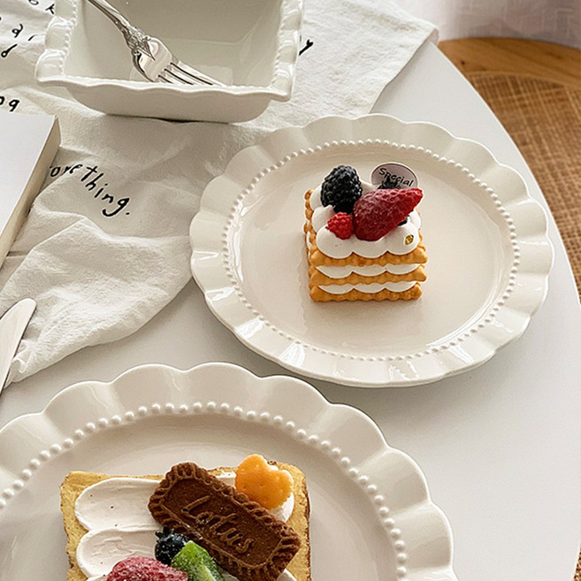 프렌치 웨이브 펄 패턴 접시 스테이크 접시 대접시 브런치 파스타 플레이팅 예쁜 디저트 접시 2개, 하얀색