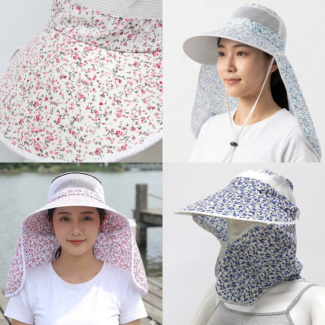 플라워 썬캡 농사모자 야외작업 꽃무늬 밭일모자 넓은챙모자 햇빛가리개 가림막 썬캡 자외선차단