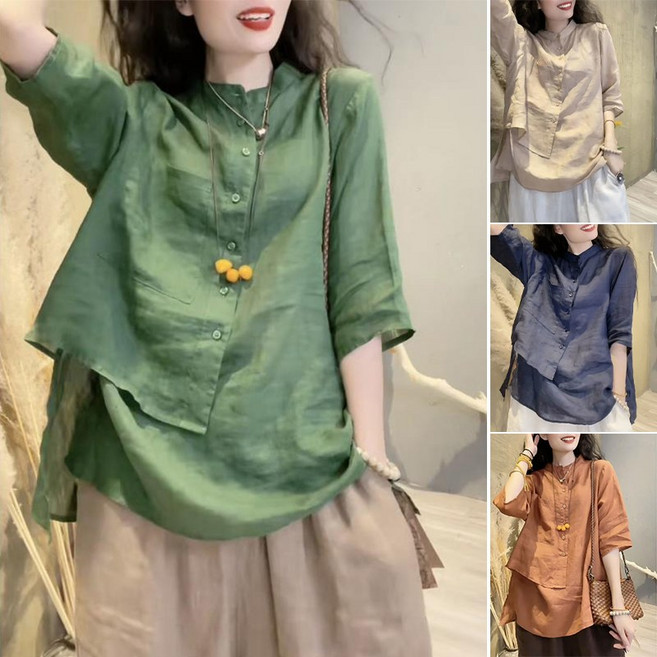 여성셔츠 봄여름 캐주얼 언밸런스 칠부소매 린넨 블라우스 루즈핏 슬림핏 면마셔츠