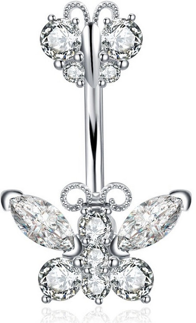 雙蝴蝶造型醫用鋼肚臍環 白色鋯石鑲嵌, 現貨-白色, 1個