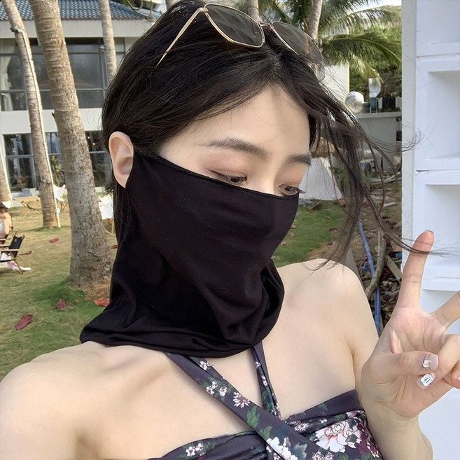 冰絲涼感防曬面罩 騎行防紫外線頭套, 黑色