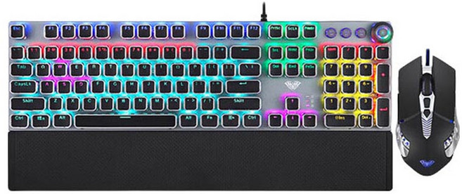 AULA 유선 키보드 + 마우스 세트 청축 펑크 에디션, 블랙, 키보드 F2088 + 마우스 S60, 일반형
