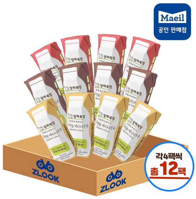[똑똑][매일유업] 상하목장 유기농 우유 딸기4팩+바나나4팩+코코아4팩 (총12팩), 1세트, 100g