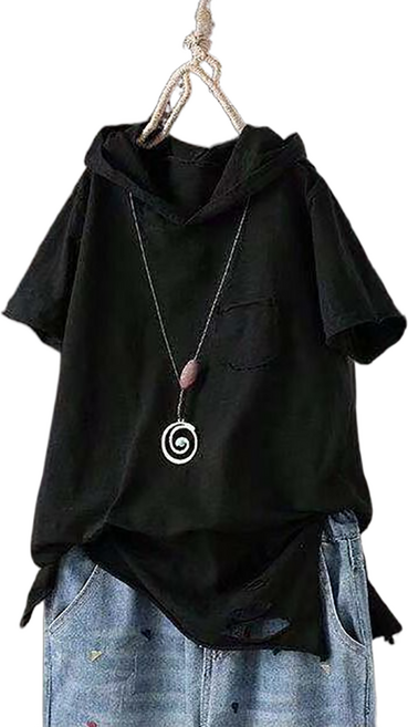 셀럽당 후드티 여 여름 루즈핏 순면 반팔 찢어진 캐주얼 상의