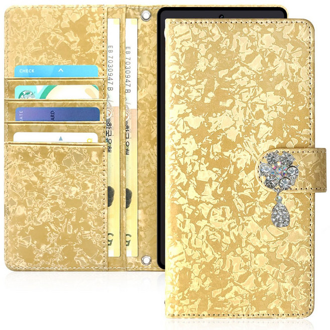 갤럭시S24 울트라 S928 - 큐우드 물방울 큐빅 지폐2칸+카드5장 지갑형 케이스 + 손목스트랩