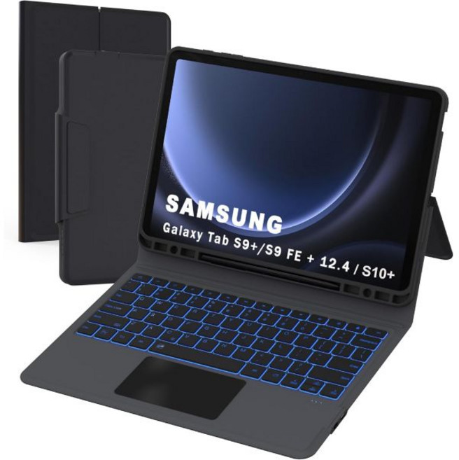 ROOFEI 삼성 갤럭시 탭 S9 FE+S9 플러스 12.4인치 키보드 케이스 폴리오 콤보 스마트 태블릿 커버(트랙패드 포함) S9+S9 FE 12.4인치용 7색 백라이트 케이스(, 1개