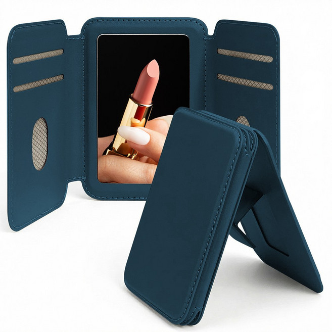 더조은셀러 맥세이프 트리폴드 3단 접이식 가죽 카드 4장 수납 지갑 거울 미러 월렛, 1개, 딥오션