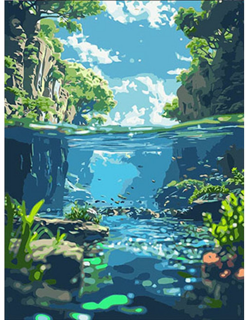 DIY 유화그리기 세트 중형 대형 캔버스 붓 물감 포함 30X40cm 40X50cm, 1세트, 계곡 30X40