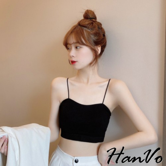 HanVo 細肩帶短版小可愛 附可拆胸墊 彈性內搭打底衣