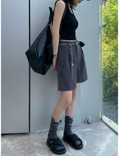 高腰A字休閒西裝短褲 黑色直筒五分褲