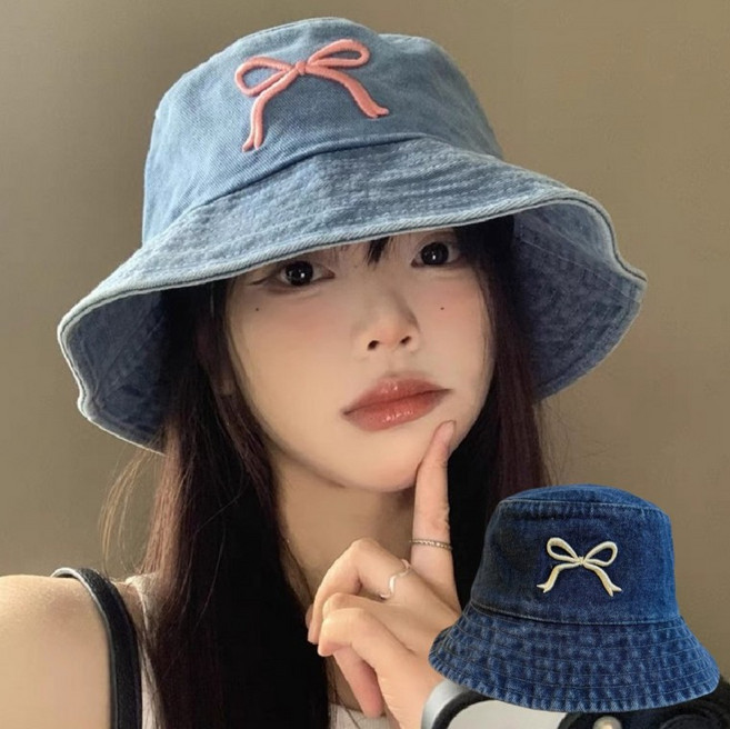 [췸이네][당일출고] 리본 자수 청 데임 벙거지 버킷햇 여성 모자