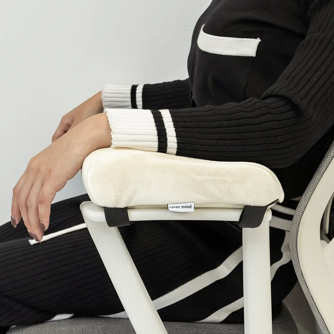[생활방수] 커버무드 벨벳 의자 팔걸이 쿠션, 아이보리 (2P)