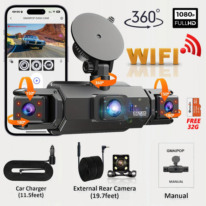 차량용 4채널 360도 블랙박스 WIFI 비디오 레코더 자동차 DVR 녹화 카메라 1080P 전면 왼쪽 오른쪽 후면 블랙 박스 24H 주차 자동차 부품, 4Ch WIFI Dash cam, 64GB