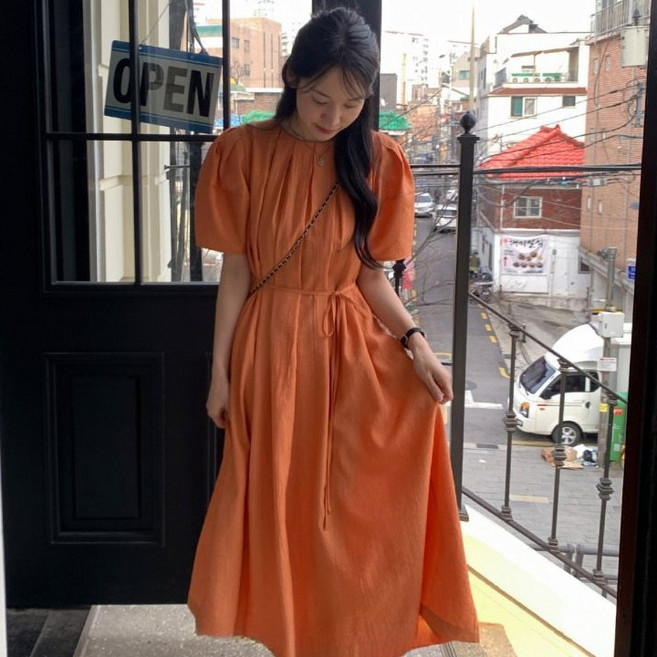 너트 핀턱 라운드넥 롱 원피스 (3color)