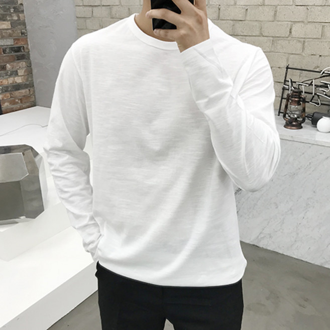 용된다 남자 여름 오버핏 슬라브 무지 긴팔 티셔츠