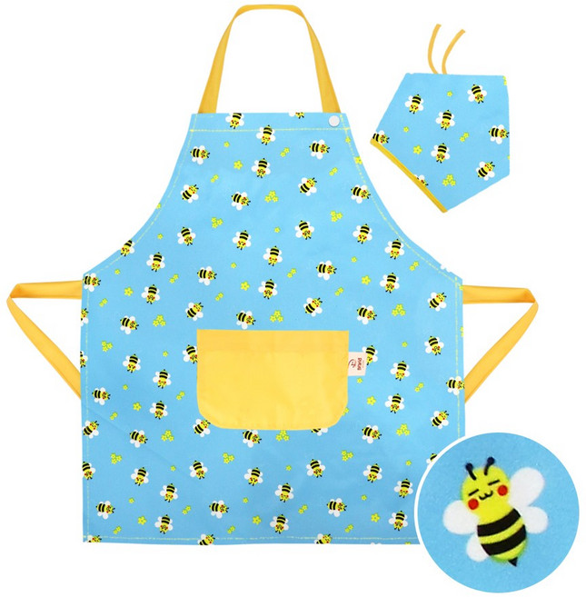 더해피 꿀벌 스카이 아동 버튼형 앞치마+두건