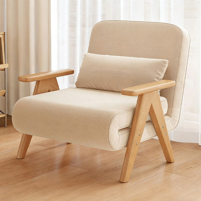 SeekFun 접이식 소파베드 튼튼한 원목다리 프레임 소프트 페브릭 침대 겸 소파 5단 각도조절 리클라이너, 카키 80cm