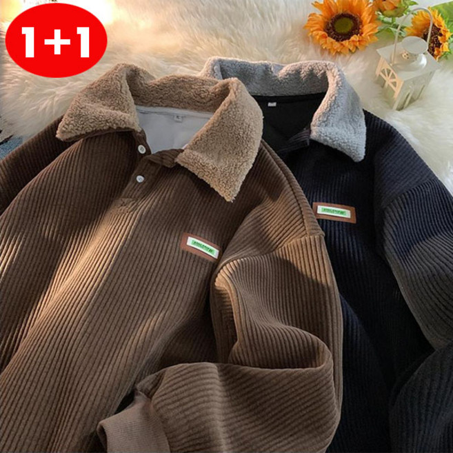 FINE ART 1+1 남성 카라 양털 기모 맨투맨 골덴 긴팔 티셔츠 코르덴 긴팔티 코듀로이 상의 겨울