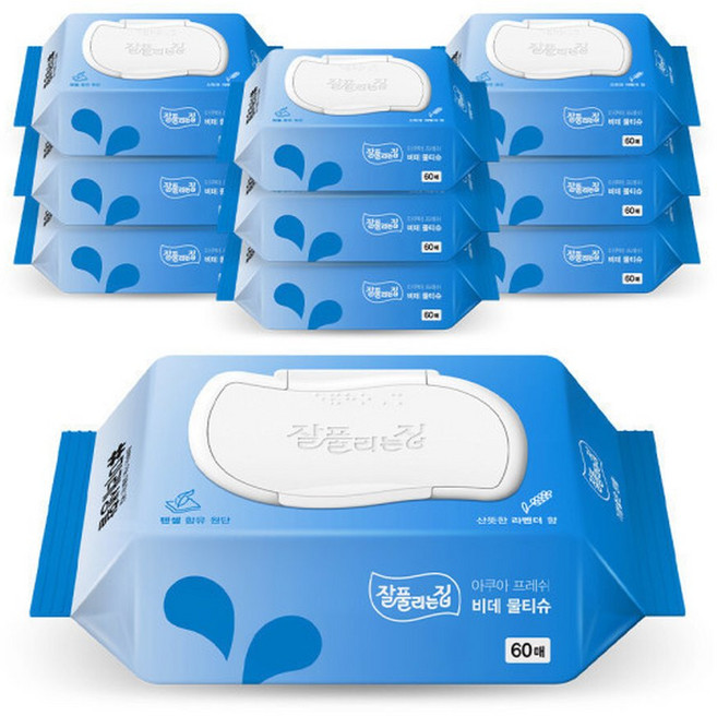 잘풀리는집 비데물티슈 캡형 60매x10팩, 60매입, 10개, 70g