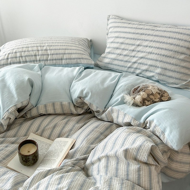 스트라이프 고밀도 사계절 침구세트 부드러운 워싱 극세사 이불 세트 이불커버+침대커버+베개커버 SS/Q