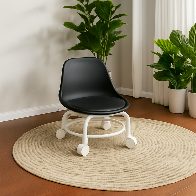 [디앤와이]쿠션 무빙 바퀴달린 등받이 앉은뱅이 허리편한 좌식 바닥 바퀴 의자 스툴의자 작업의자 청소의자, 딥블랙, 1개