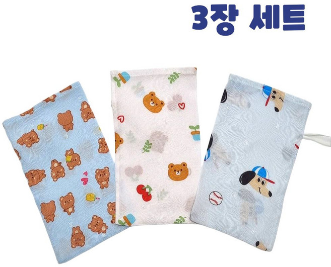 인견 때타올 고급 나염 부드러운 때밀이 사각타올 목욕용, 1세트, 3개입, 동물친구들