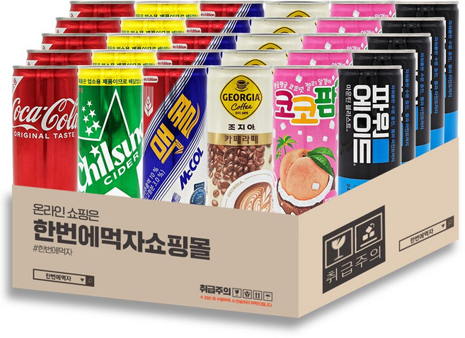 [한번에먹자] 240ml 꿀조합 캔음료 혼합세트 / 코카콜라 업소 + 칠성사이다 업소 + 조지아 카페라떼 + 맥콜 + 파워에이드 + 코코팜 / 각 5개씩, 30개