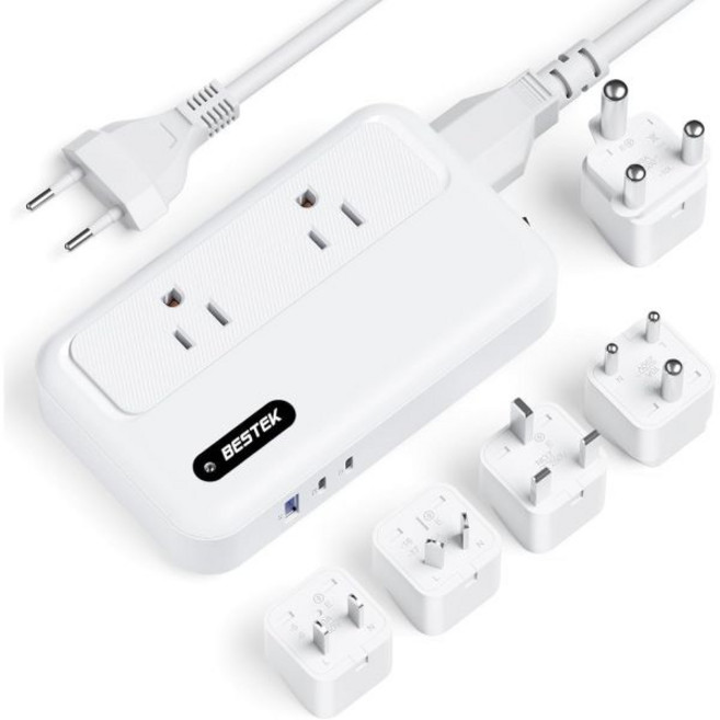 BESTEK 베스텍 220V에서 110V로 전압 변환기 3포트 USB 충전이 가능한 범용 여행 어댑터 2 PD35W 헤어 스트레이트너 컬링 아이언 전원 플러그 콤보 미국에서 유, White, 1개, Pearl White