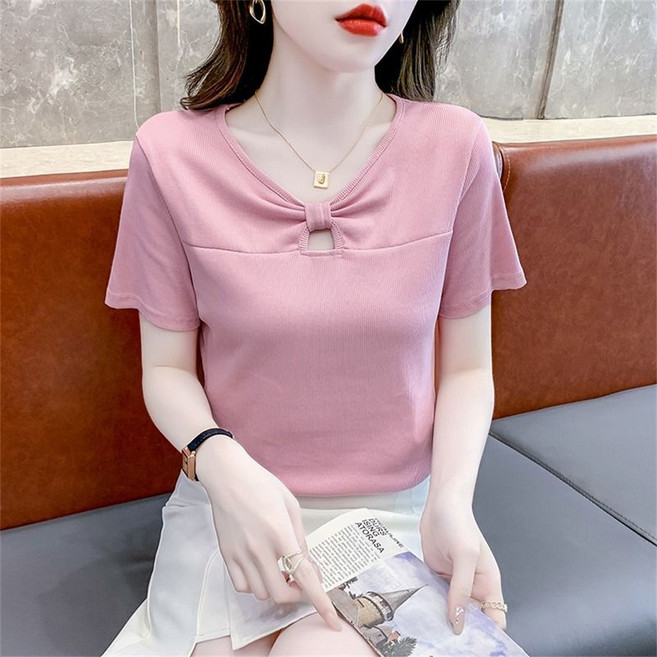 besteffie 여성 여름 반팔 티셔츠 캐주얼 귀여운 스타일 브이넥 예쁜 반팔여자 티셔츠 K51