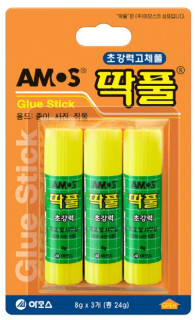 아모스 (AMOS) 딱풀 초강력 / 고체풀 아모스딱풀 투명풀 문구풀 무독성풀 무독성딱풀 어린이딱풀 어린이풀 공작용풀 대용량딱풀, 3개, 8g