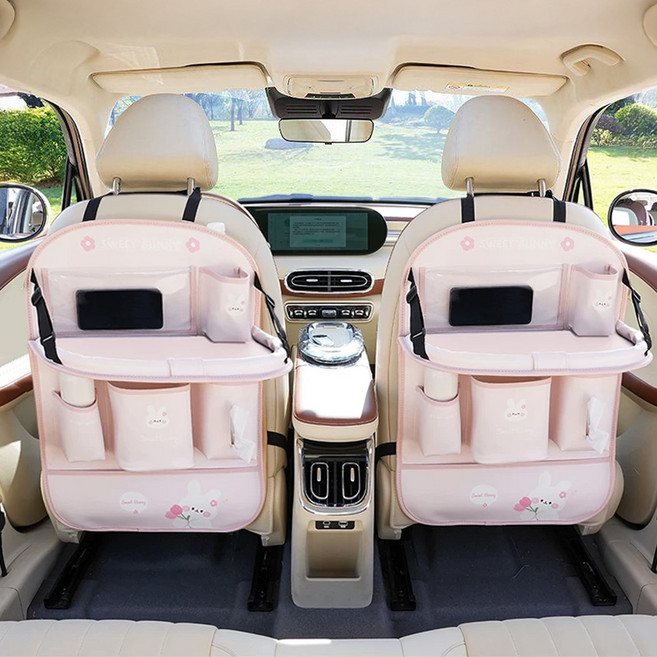 차량용 가죽 킥커버 뒷좌석 수납함 멀티 테이블 컵홀더 태블릿 거치 포켓 발자국 방지 프리미엄 수납 정리함 시트백 방수 접이식, 핑크색, 1개