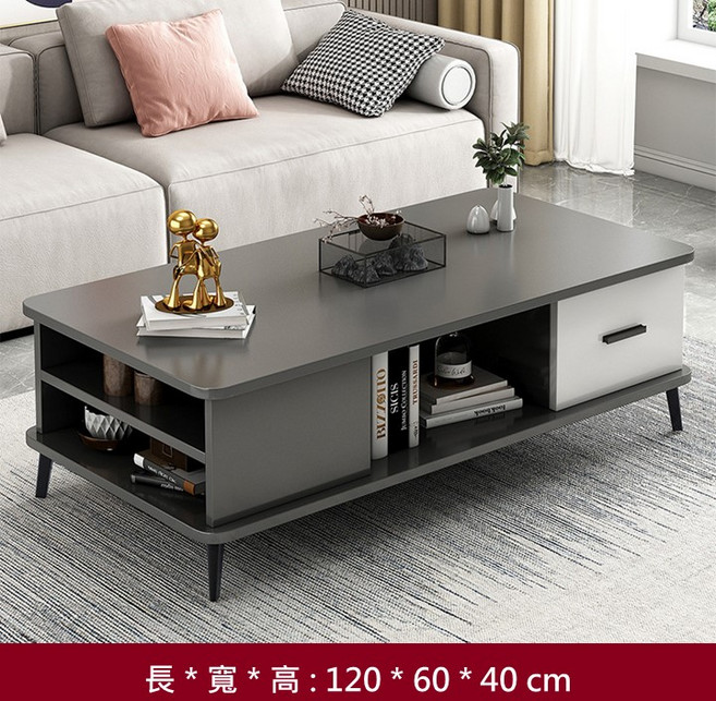 輕奢客廳茶几 簡約現代風 雙抽開放式收納 圓角防撞設計 120x60x40cm, 輕奢客廳桌-灰120*60*40(升級款)