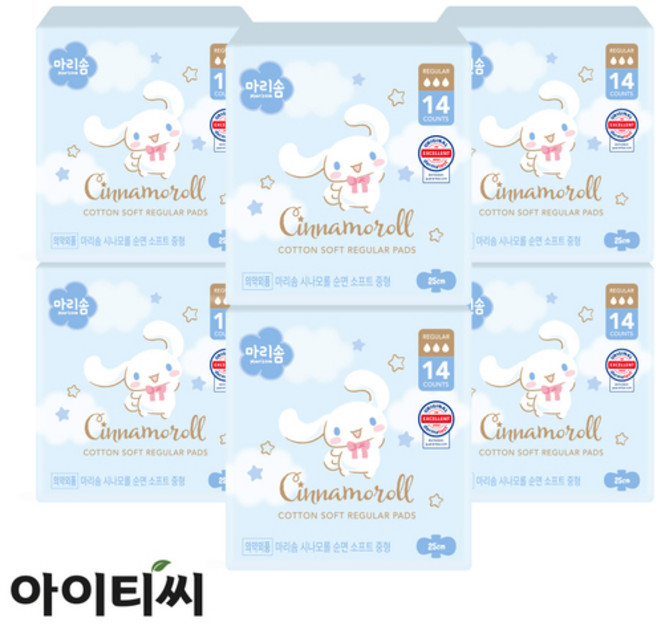 마리솜 시나모롤 순면 소프트 중형 생리대(14입)X6팩, 14개입, 6개